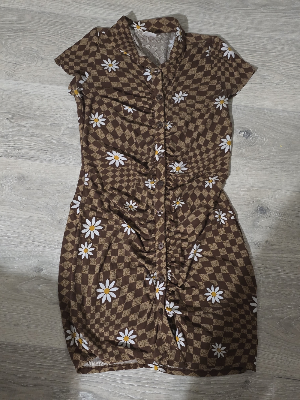 Brown Checkered Midi Dress with Daisy Print